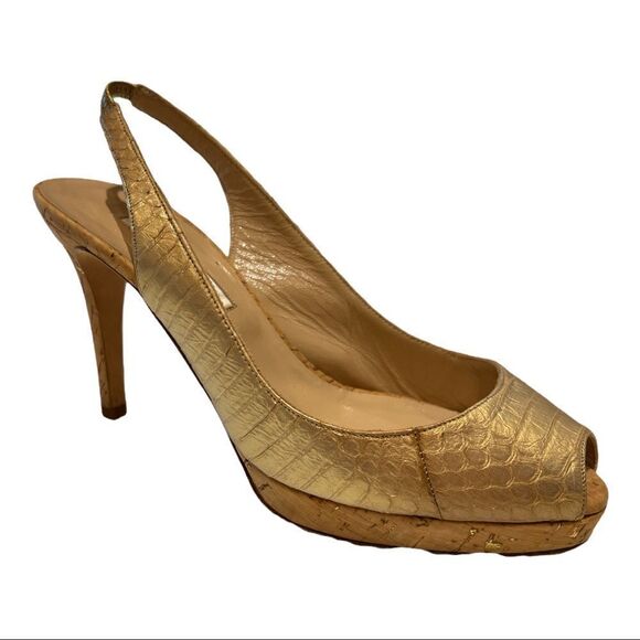 OSCAR DE LA RENTA Women’s Peep Toe Leather Slingback Heels Gold Size 37.5 - Picture 1 of 15